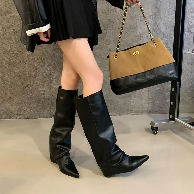 

Autumn Winter Design Inside Height Increase Insoles Woman Knee-High Boots Fashion Pleated Long Booties Shoes