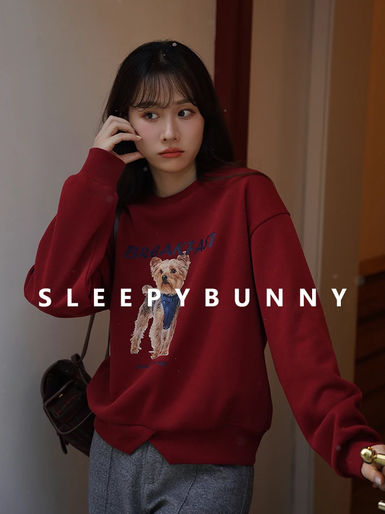 Winter Vintage Dog Print Fleece Sweatshirt Women Warm Loose fit Pullover Long Sleeve Red Casual Top Korean Fashion Chic 2024