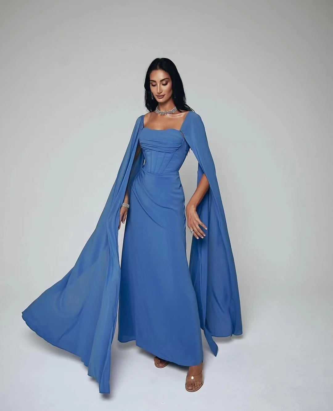 Jirocum Blue Square Neck Prom Gown Women Satin customized Party Evening Gowns Floor Length Saudi Arabia Formal Occasion Dresses