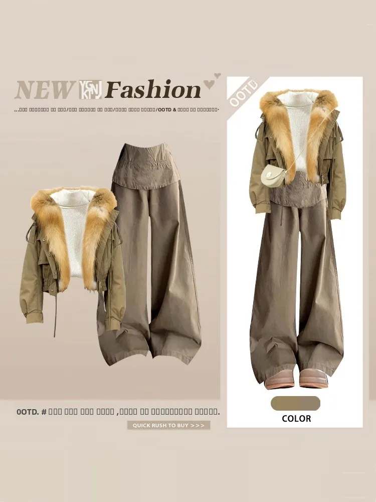 

Зимний комплект из двух предметов: рабочая куртка с большим меховым воротником и брюки с высокой талией и широкими штанинами для женщин, повседневный стиль, для взрослых