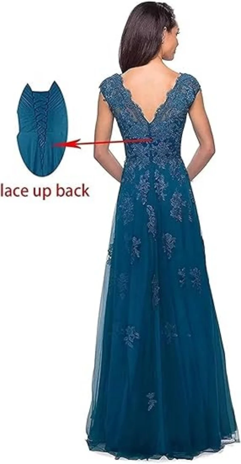 Abiti da cerimonia per la madre della sposa con applicazioni in pizzo da donna per matrimonio con scollo a V e maniche lunghe in tulle, abito da ballo formale da sera