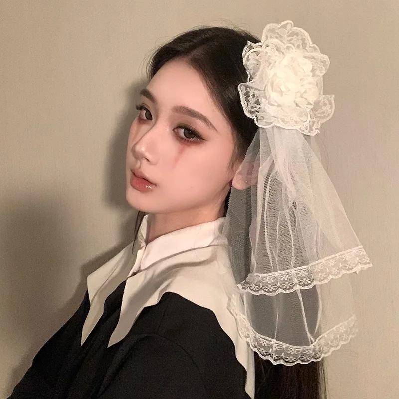 Japanse Lolita Haaraccessoires Rose Haarspeld Kanten Sluier Zijclip Lolita Sluier Kostuum spelen van Halloween bruidshoofddeksel