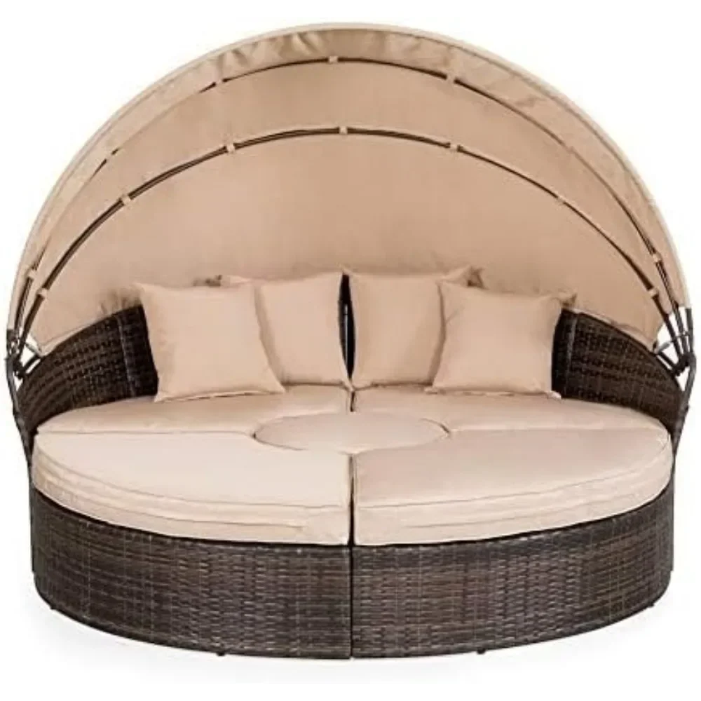 Outdoor Terrace Canopy Bed with Washable Soft Cushion, Clamshell Shaped Segmented Seats, Suitable for Backyard, Porch, (brown)