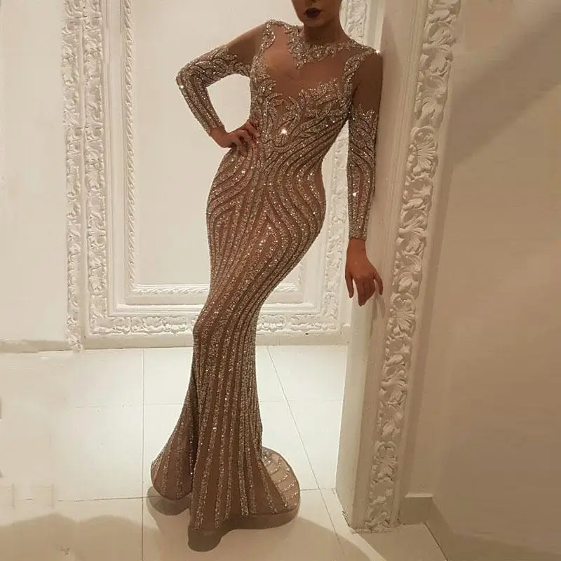 Elegant Golden Sequin Women Party Dresses Long Sleeve See Through Mesh Patchwork Sexy Evening Dress Luxury Gliter Vestidos Robes