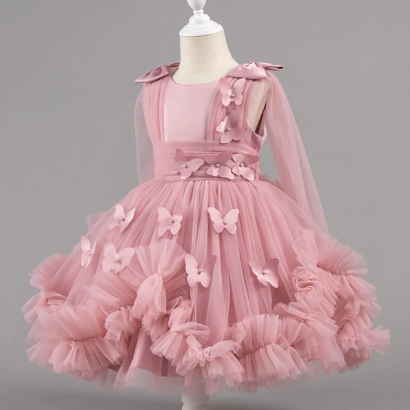 In Stock Baby Girls Bow Birthday Baptism Dress Party Dresses for Toddler Kids Pink Lace Evening Children Gown
