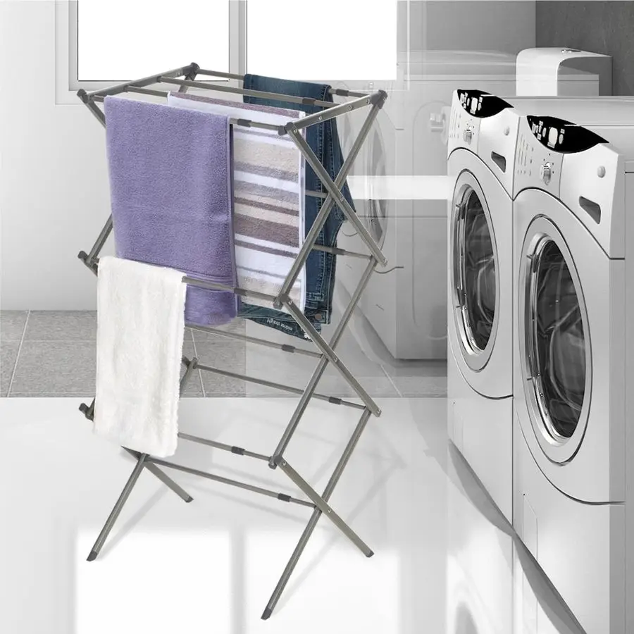 3 Tier Expandable Collapsing Foldable Laundry Rack for Air Drying Clothing, Space Saving Heavy Duty Lightweight Metal Drying Rac