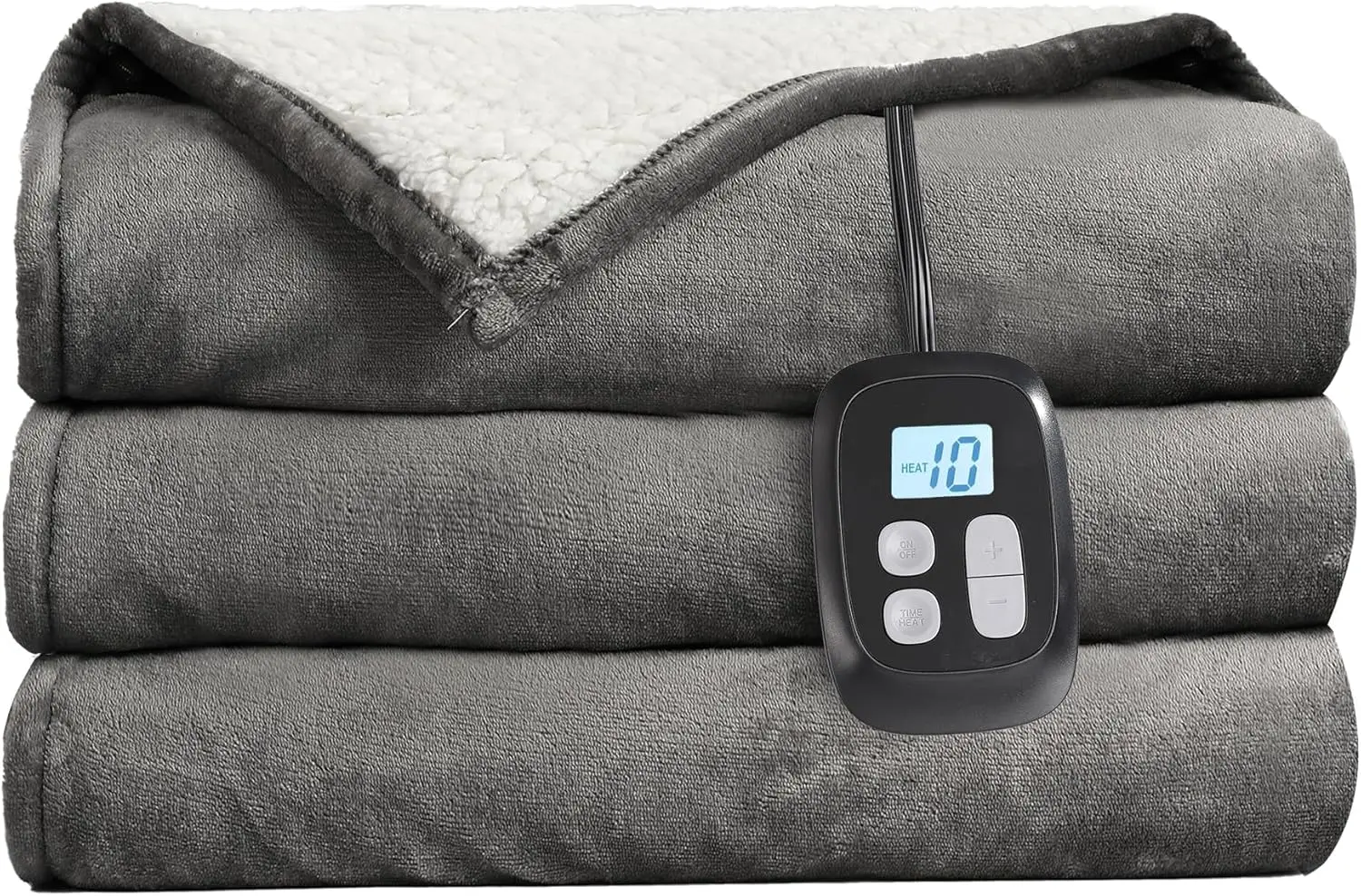 電気毛布 フルサイズ 72x84、ソフトフランネル、10段階の温度調節と自動オフ機能付き、通気性があり洗濯可能、ライトグレー