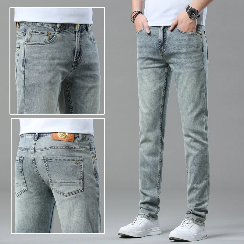 Jean Slim Rétro Bleu Clair pour Homme, Pantalon Crayon Tout-Assressenti, Commande, Business, Décontracté, Été, Nouveau, 2024