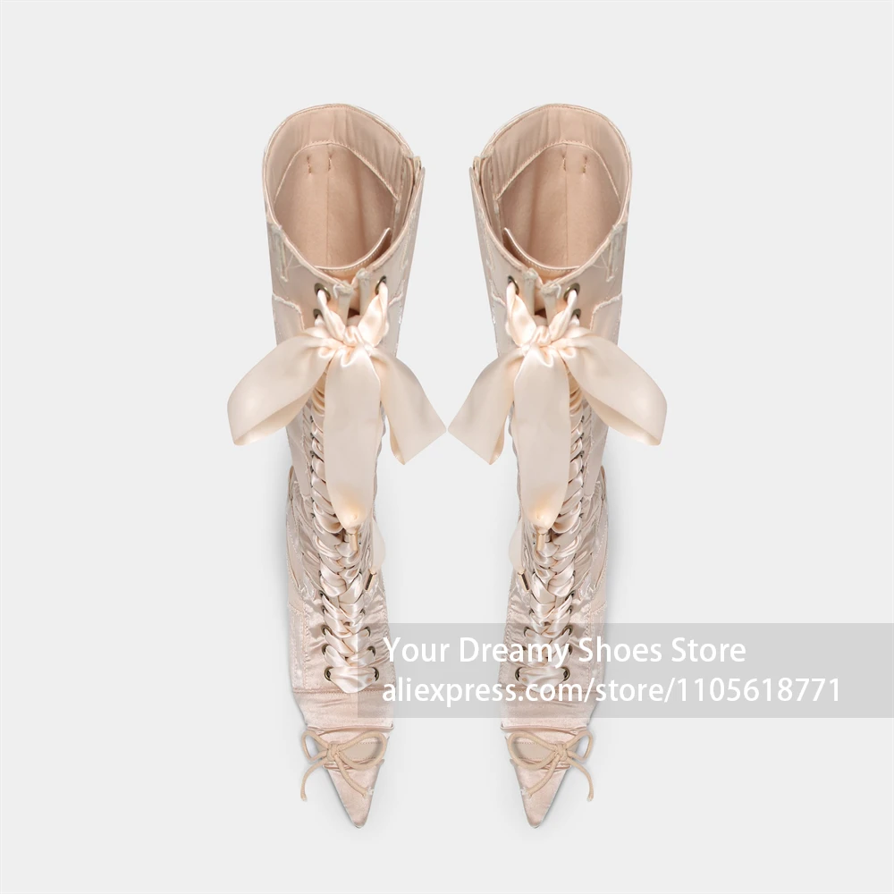 Front Braided Lace Up with Satin Bow Boots Patchwork Satin Texture Vintage Satin Lace Up Boots Romantic Date Night Outfit Boots