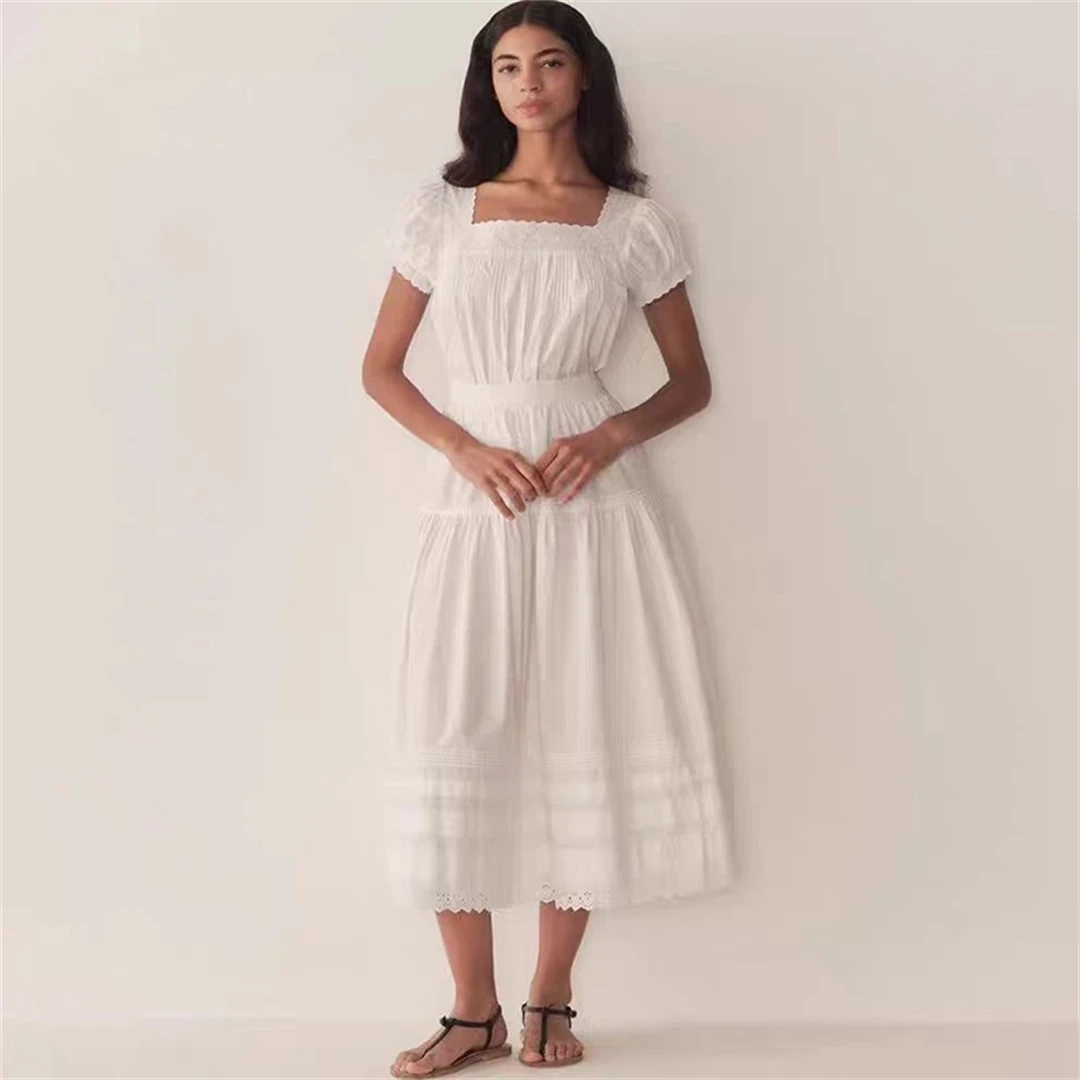 

Classic Doll Shirt Lace Splice Square Collar Short Cotton Blouse Breathable Skin-Friendly French Style Spring Fashion for Girls