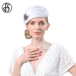 FS Sinamay Berets Fascinator Elegant Ladies Snowy White Hats For Women Feather Luxury Millinery Wedding Bridal Church Party Cap