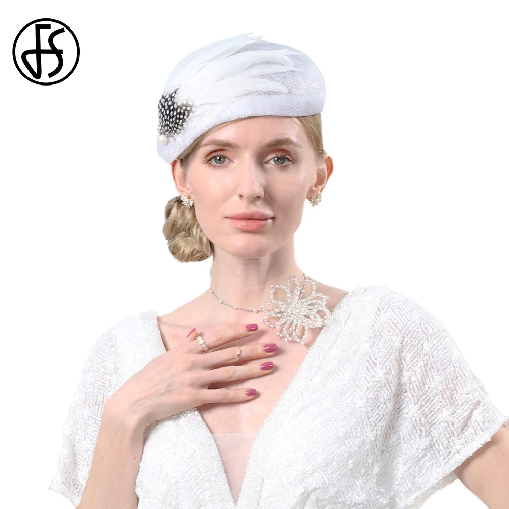 FS Sinamay Berets Fascinator Eleganckie damskie śnieżne białe kapelusze dla kobiet Feather Luxury Millinery Wedding Bridal Church Party Cap
