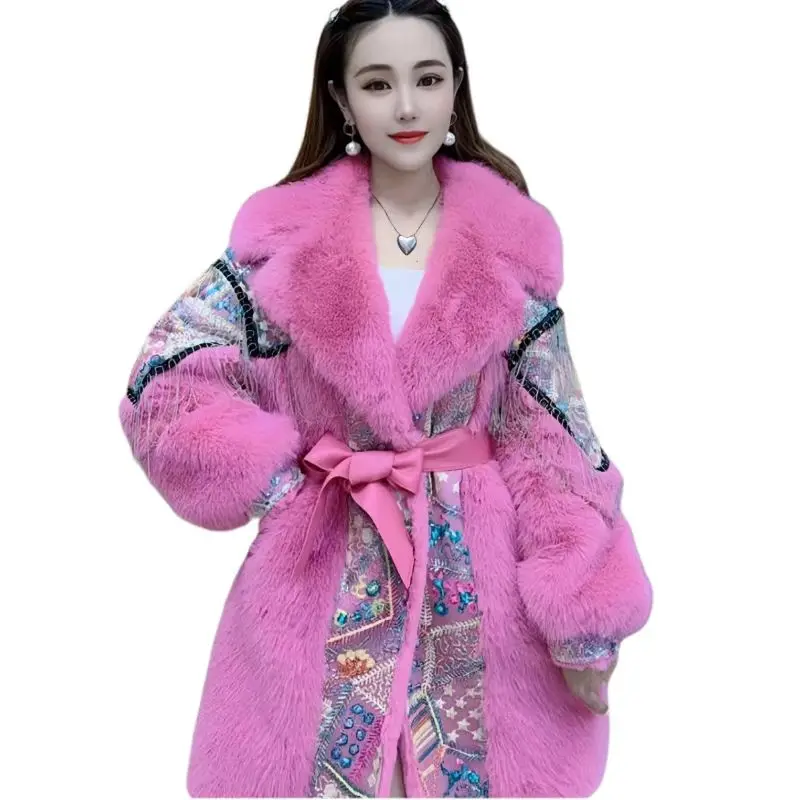 Faux Fur Coat for Women, Sequins Jacket, Loose Long Overcoat, Thick Warm Female Clothing, Fashion,High Quality, New, Winter