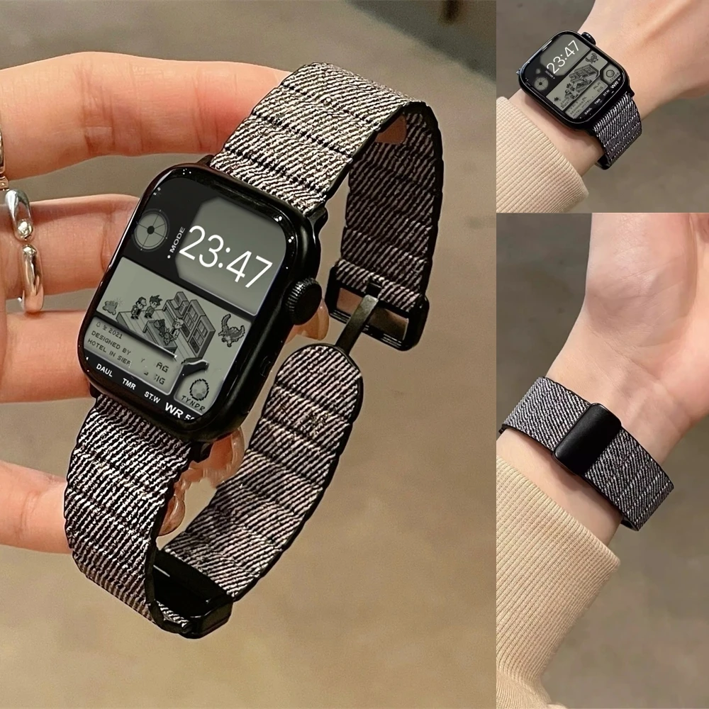 INS DENIM สายอ่อนลำลองสำหรับนาฬิกา Apple, 9 8 7 6 5 4 3 2 Se หัวเข็มขัดแม่เหล็กฤดูหนาวพิเศษสำหรับ iWatch 41mm 49 45 44 42 40 38mm