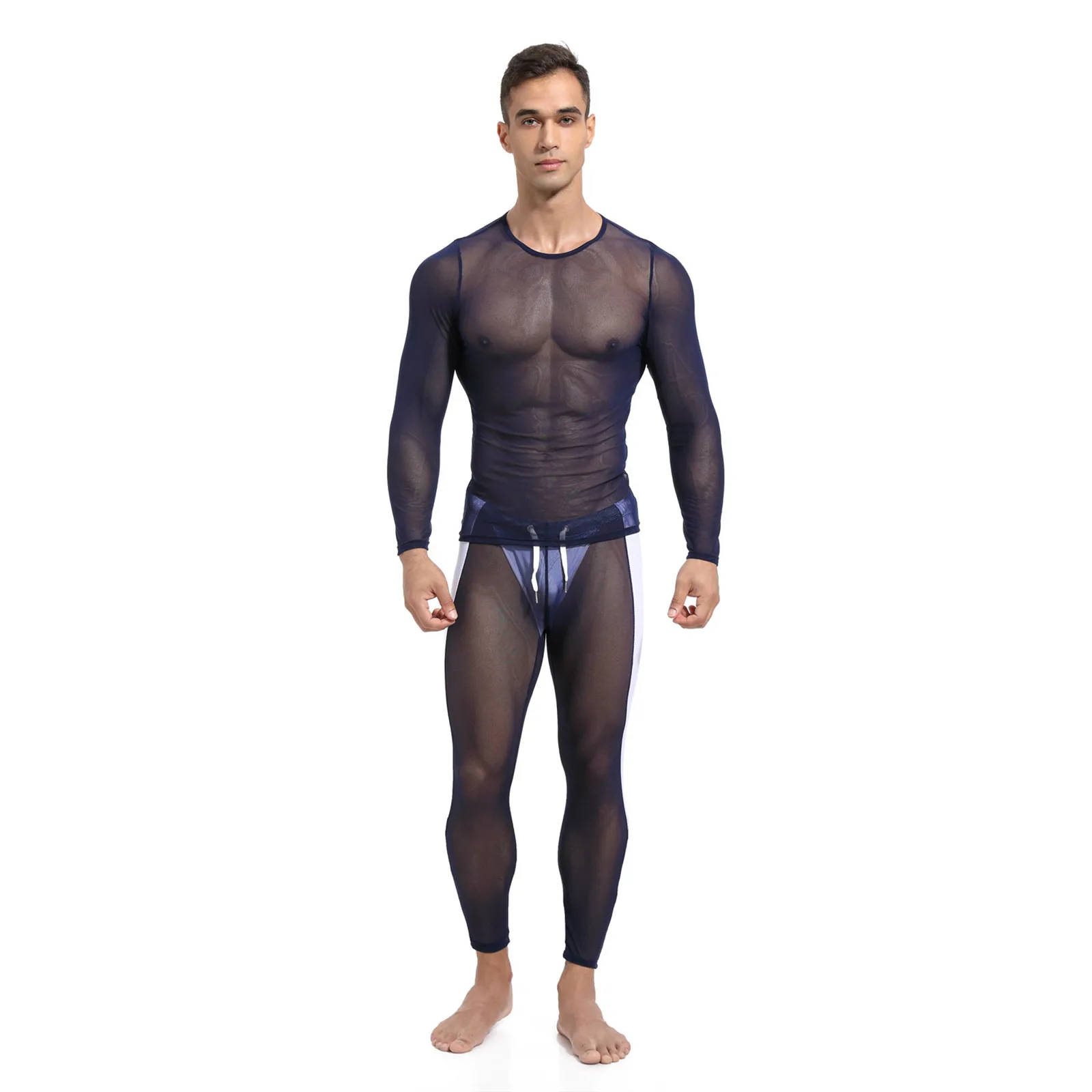 Men\'s Mesh Transparent High Elastic Male Fitness Running Cycling Sports Training Tights Long Sleeve Fashion Sexy Pants Suit