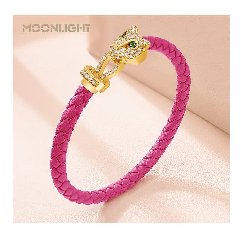 MOONLIGHT Classic Design Exquisite Cheetah Zircon Bracelet for Women Braided Leather Bracelet Quality Banquet Couples Gift