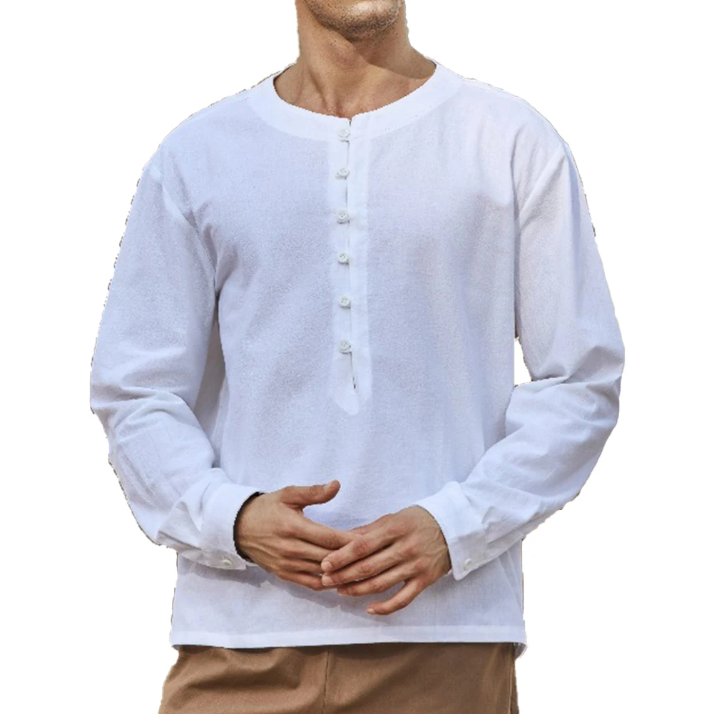 Autumn Casual Holiday Spring Men Shirt Button Top Solid Solid Color Stand Stand Collar Blouse Button Top Collar