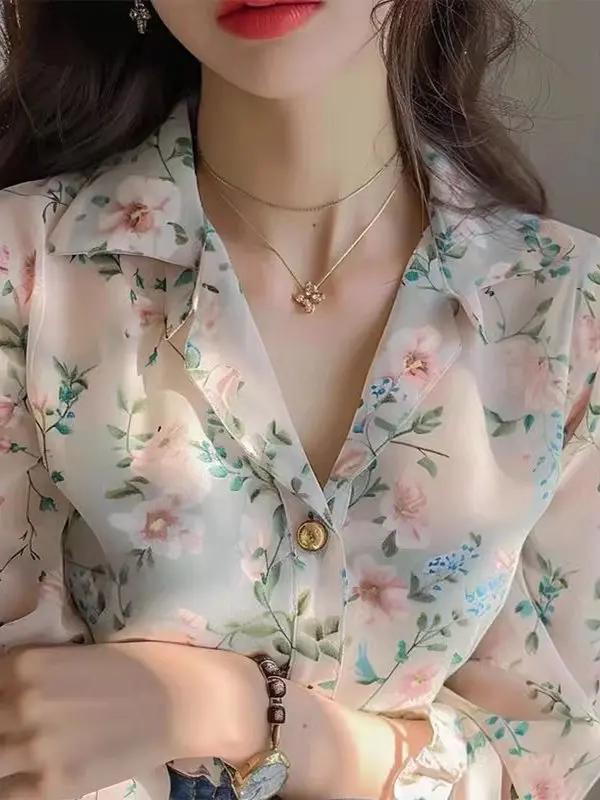 Spring Autumn Fashionable Pink Floral Print Chiffon Shirt Women's 2025 New Style Beautiful High End Top Korean Style Slim Fit