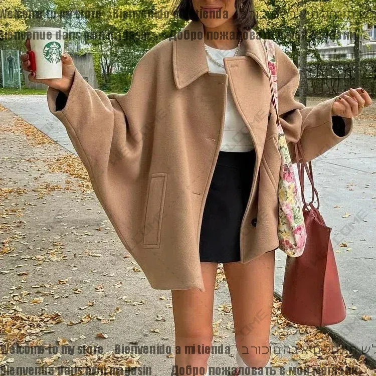 Fashion Lapel Woolen Jacket For Women  Autumn Single Breasted Long Sleeve Coats Female Elegant Oversized Chic Street Outwear