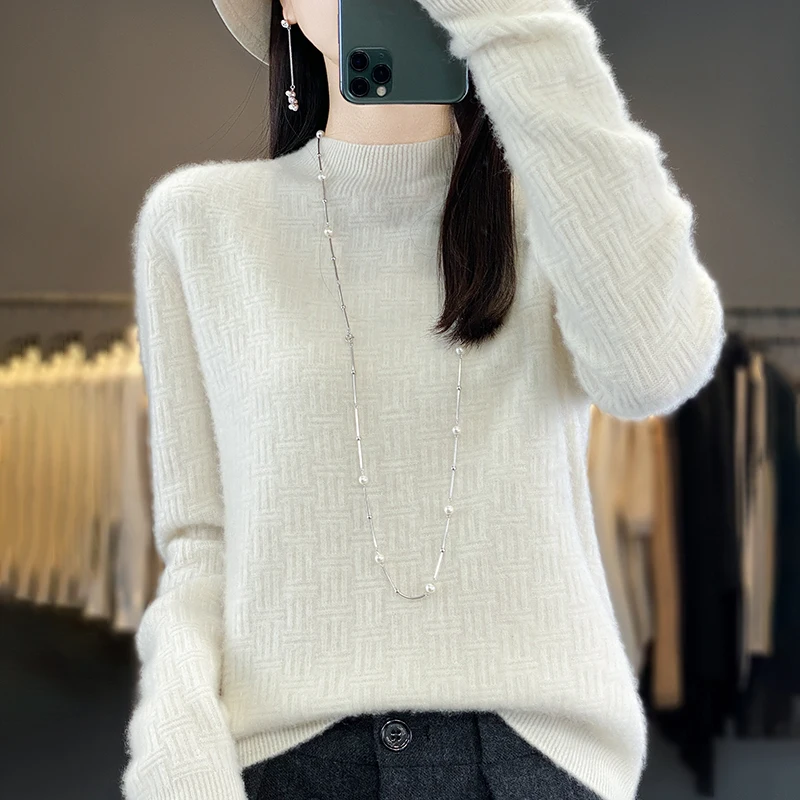 

23 Fall Winter New Sweater Women's Half-Height Long Sleeve Pullover Solid Color 100% Pure Wool Cutout Loose Temperament Knit Top