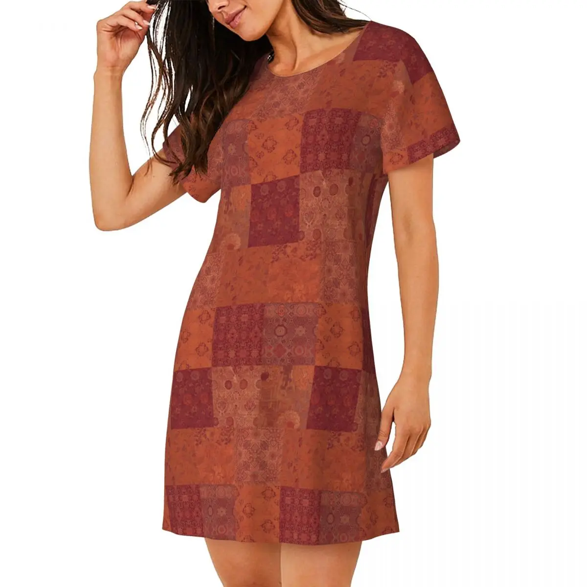 Vintage Bohemian Quilt-Nachthemd in Burnt Orange mit kurzen Ärmeln für Damen, kurzärmliges Nachthemd, weiches Pyjama-Kleid