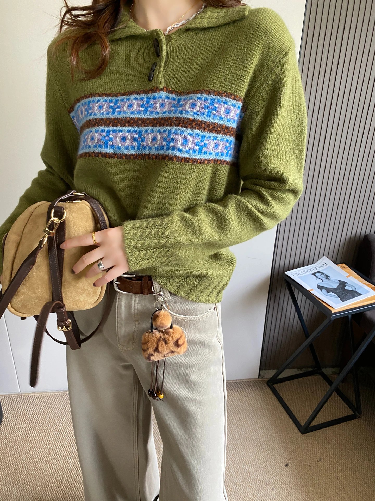 

Retro Striped Collar Loose Women's Knitted Sweater Autumn Winter New Sle Casual Lazy Sle Overhead Top Korean Sle