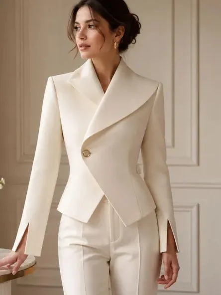 Elegant Ladies 2 Piece Suit Cropped Blazer Pants Set Asymmetric Notched Collar Blazer Back Waist Belt Wedding Formal Customized