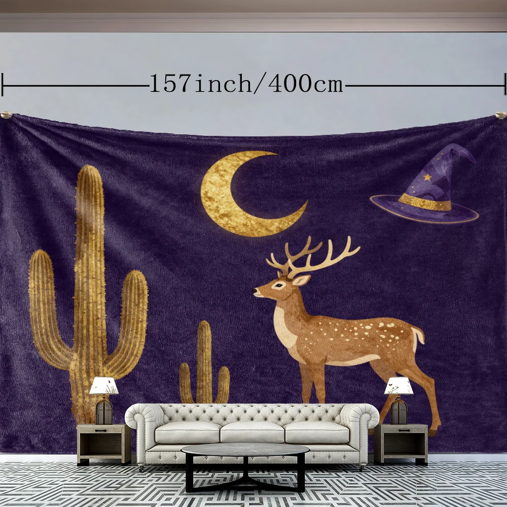 Deep Purple Halloween Gold Deer Cactus Moon Wall Tapestry, Spooky Boho Decor