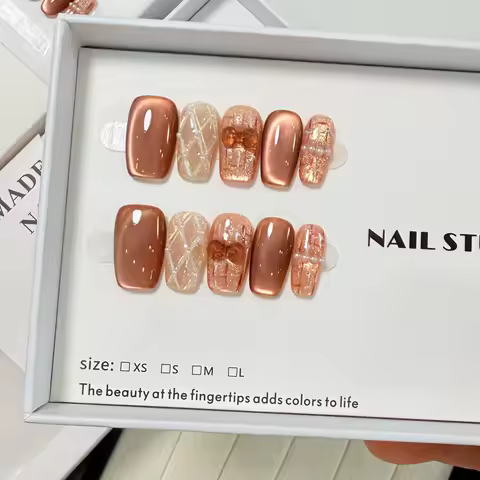 10pcs Diamond Grid Brown Bow Cat Eyes Press on Nails Autumn and Winter Manicure Wearable Nail for Women and Girls False Nail