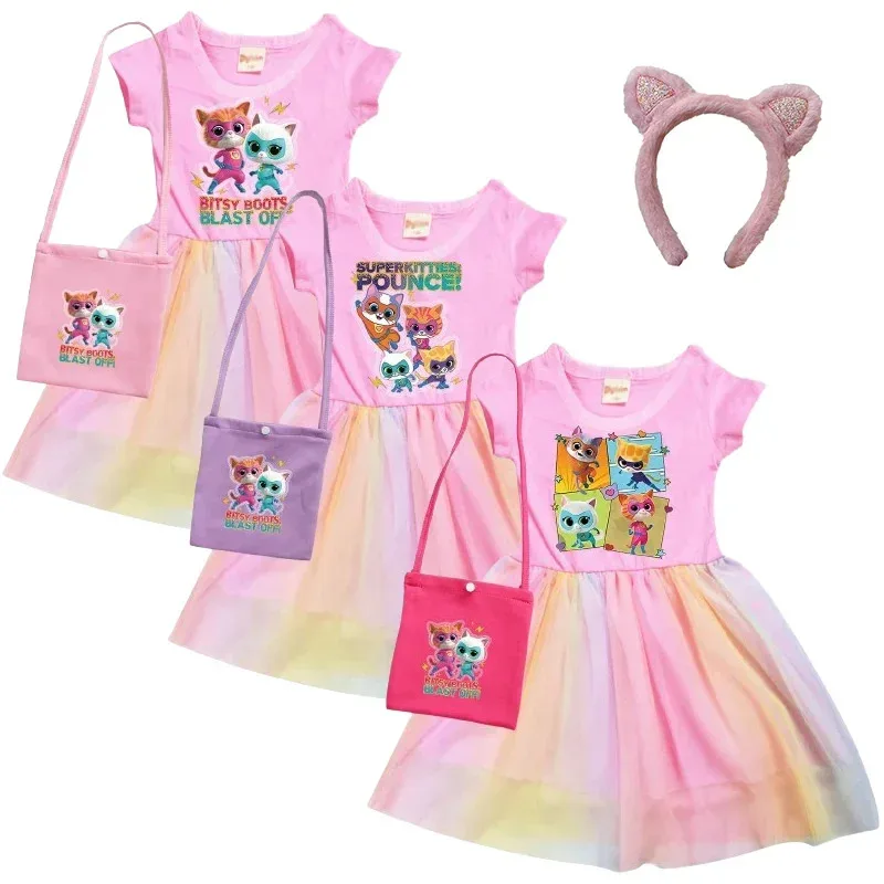 Sky03 Vestido de cosplay para niñas, vestidos de súper gatitos con bolsa y diadema para disfraz de supergatitos, manga corta para niñas 55Hu %