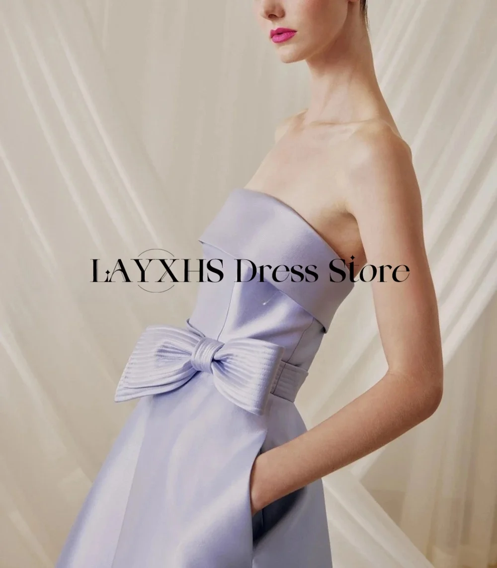 LAYXHS Simples Strapless Vestidos de Noite Roxo A Linha Arco Tornozelo-Comprimento Vestido de Baile de Festa Personalizado فستانmavera