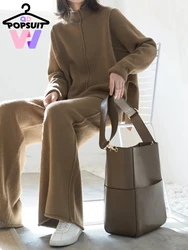 New in Women's Autumn Slim Split Sweater Wide Leg Pants Sets Fashion Elegant Temperament Pullover Two Piece Knitting Set Clothes