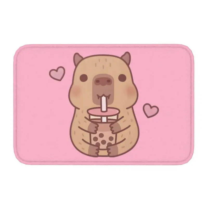 Custom Cute Little Capybara Hugs Bubble Tea Front Door Mat Anti-Slip Outdoor Absorbent Doormat Garden Garage Entrance Rug Carpet