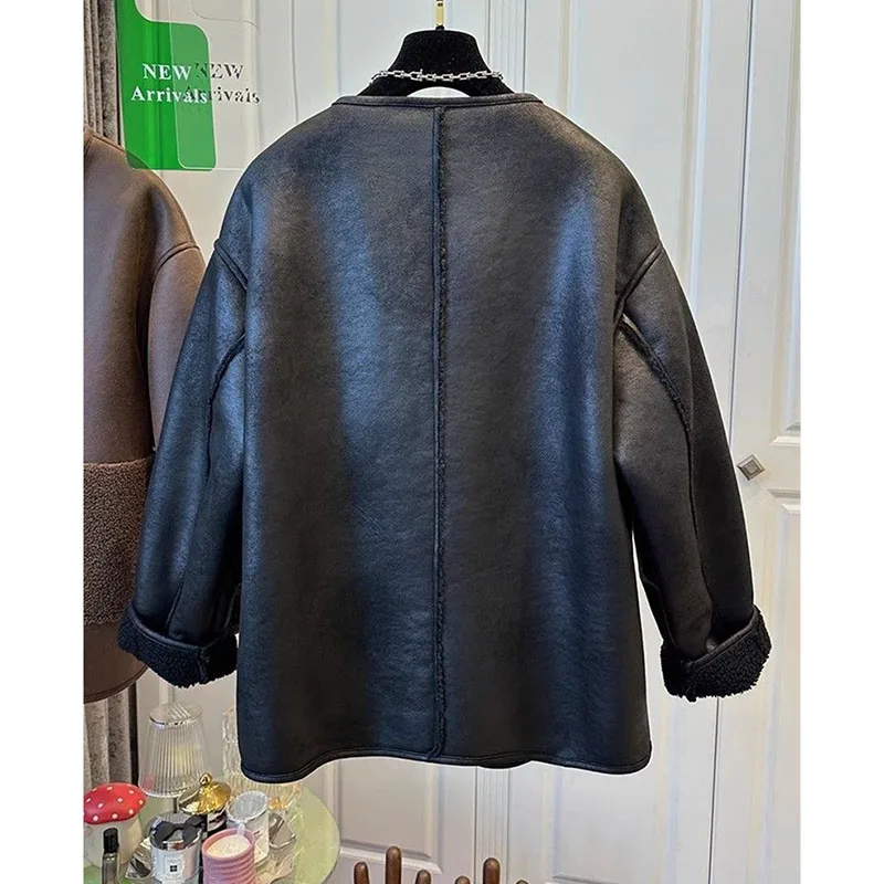 Middle Aged Women's Black Join Together Leather Jacket Women's Thicken Autumn Winter New Faux Fur Coat Leather Jacket PU Coat