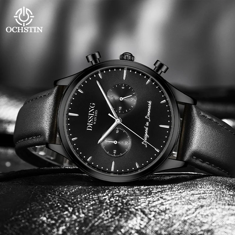OCHSTIN Casual Male Quartz Timepiece Practical Multi‑function Movement Comfort Genuine Leather Strap Waterproof Wristwatch