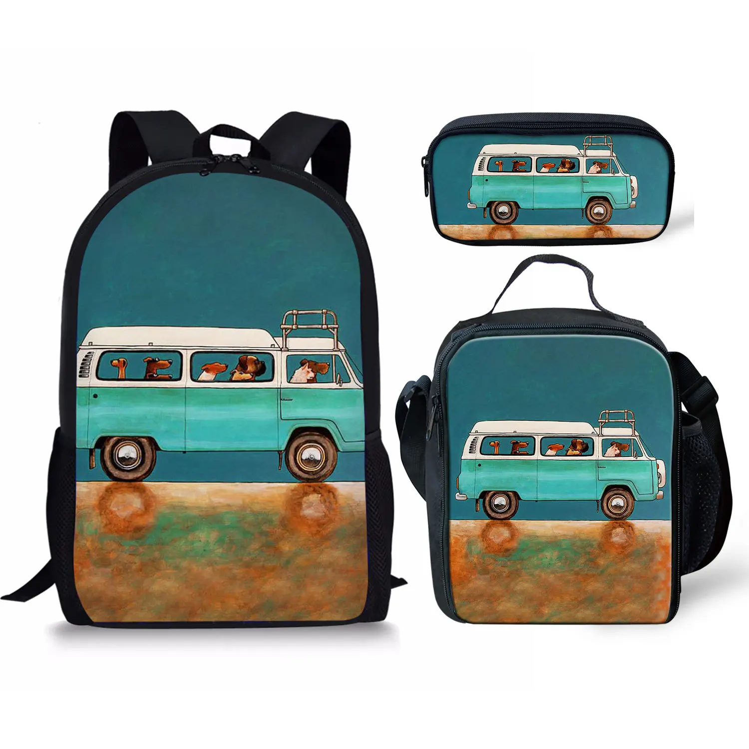 Creative Cartoon Trendy Car 3Pcs/Set School Bag 3D Print Student Campus Daily Book Bag Laptop Daypack Lunch Bag Pencil Bag