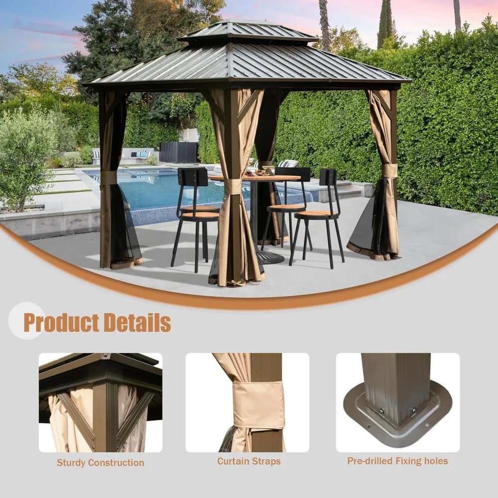 

Customized 8x10 FT Hardtop Gazebo, Galvanized Steel Frame Double Roof Patio Canopy with Curtains & Netting, Brown Outdoor Shelte