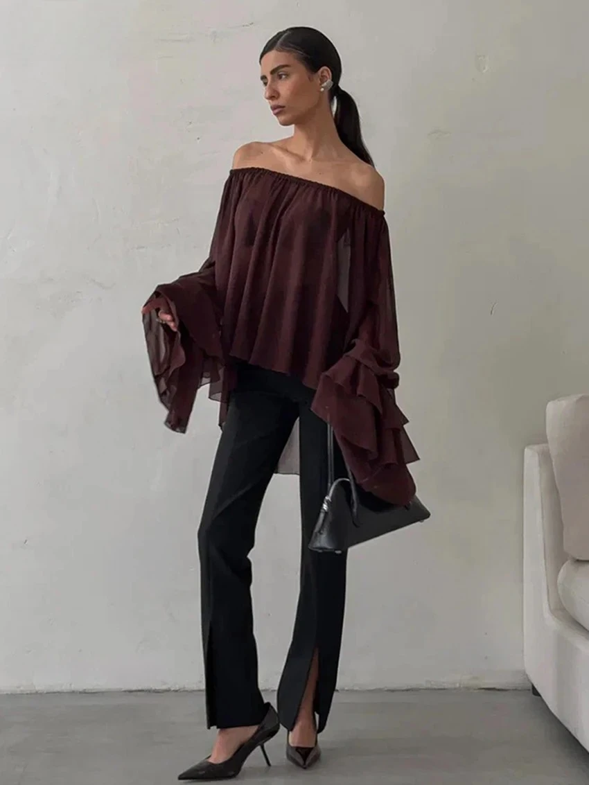 أزياء فضفاضة النبيذ الأحمر المرأة قميص مثير مائل الرقبة قمصان طويلة الأكمام أنيقة الكلاسيكية مطوي قمم الملابس النسائية #3