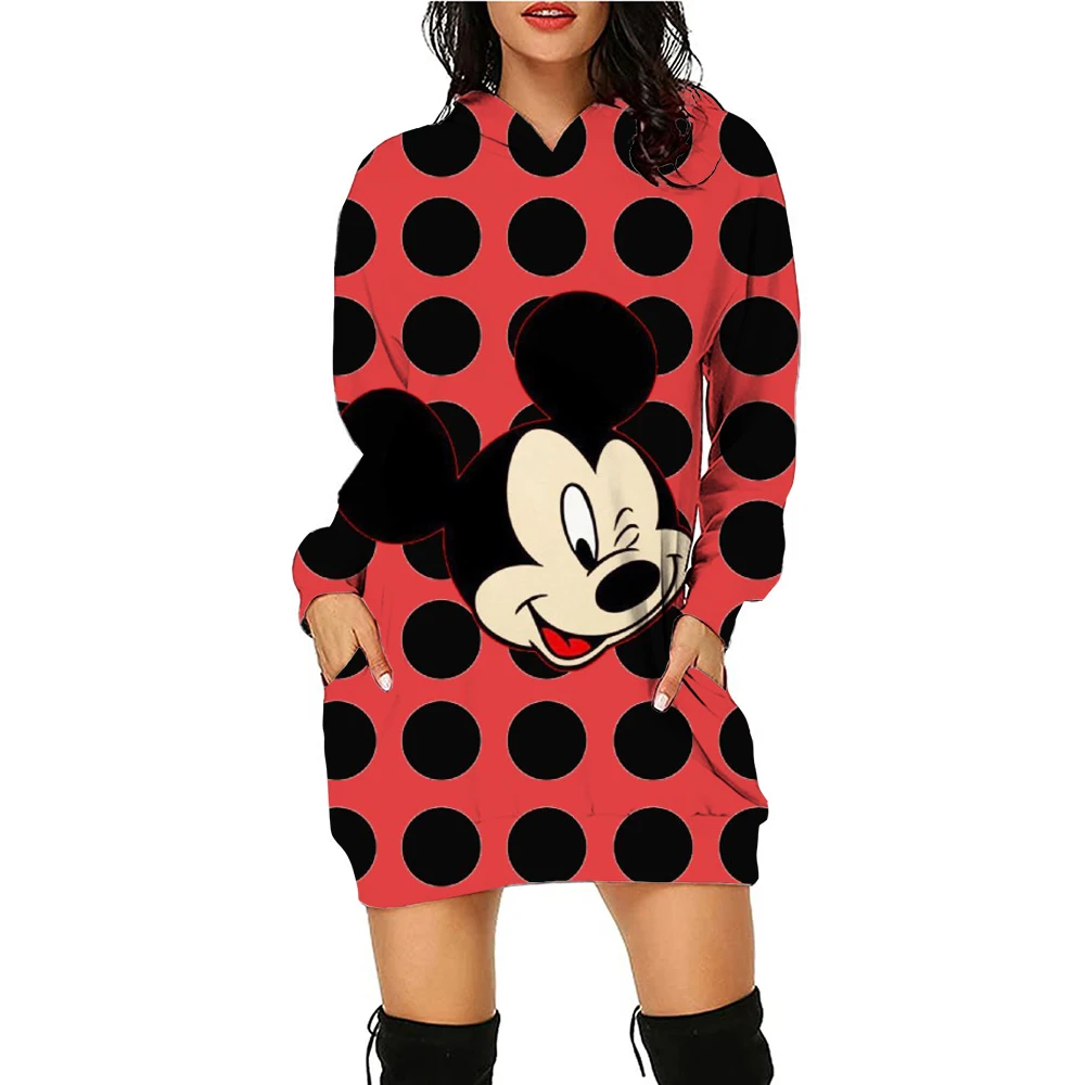 New Disney Series Mickey Mouse Minnie Hoodie Print Hooded Sweater Dress Casual Street Style Ladies Warm Sweater Dress