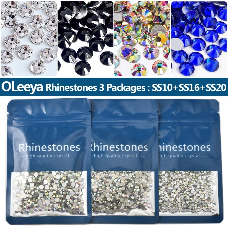 OL tipo Glass Flatback без исправления Стразы Комбинация из 3 маленьких упаковок SS10 SS16 SS20 Блестящие алмазные ногти DIY