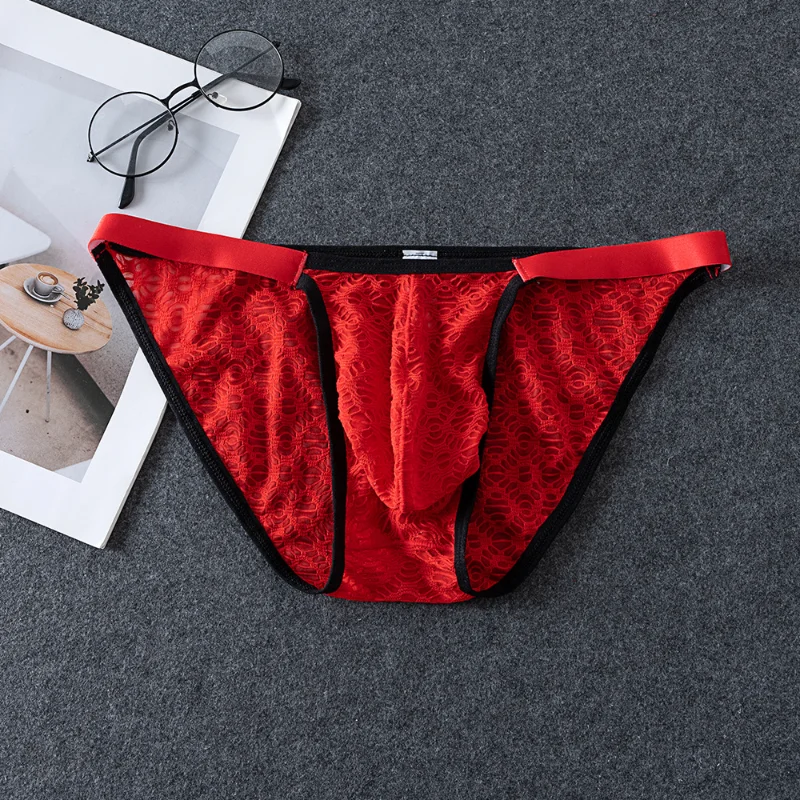 Men's Transparent Lace Panties Ultra-Thin Mesh Briefs Sexy  Low Waist U Convex Pouch Underwear Thin Edge High Fork Underpants