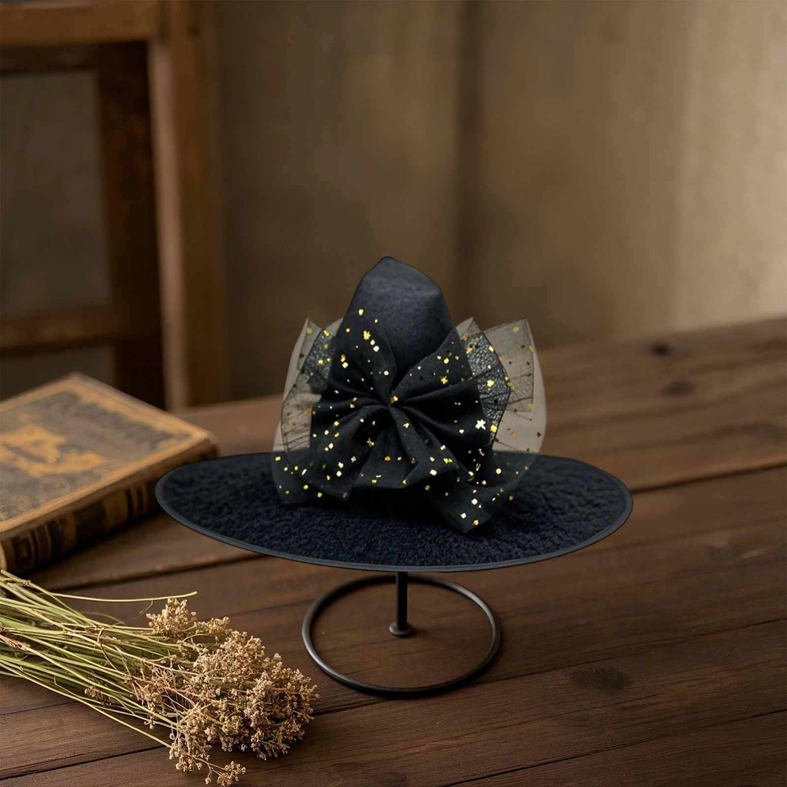 Cappelli da strega di Halloween Donna Paillettes Stella Bowknot Berretto a tesa larga a punta Masquerade Cosplay Party Cappelli da strega Accessorio per costume