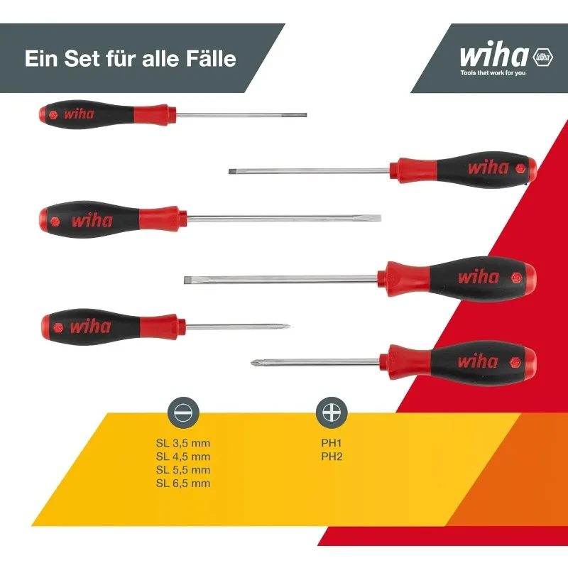 Wiha 07152 6-Piece Screwdriver Set Slotted Cross-head Chrome Plated Ergonomic Handle Repair Hand Tool for Home Workshop