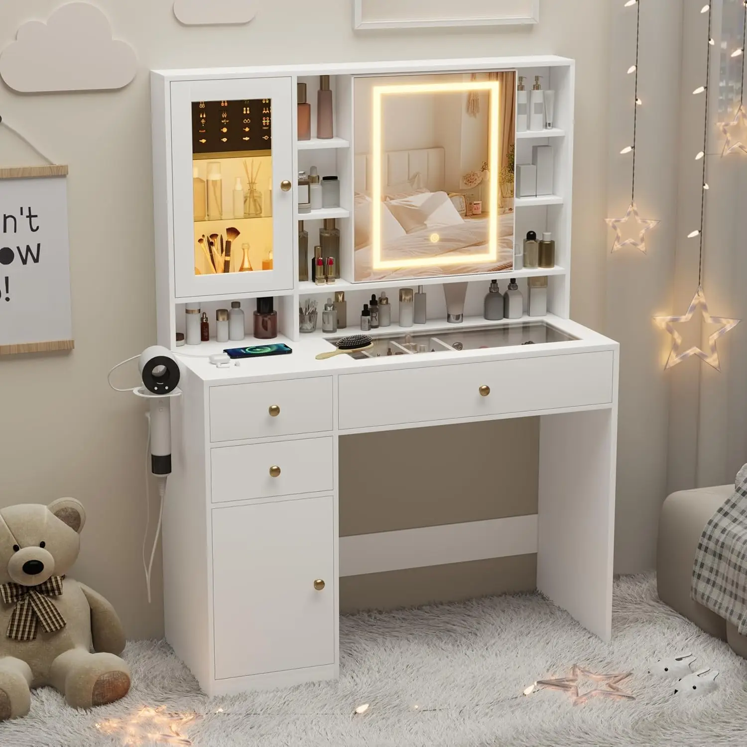 Makeup Vanity Desk with Mirror and Lights, White Vanity with Glass Top, Jewelry Storage, Power Outlets, 3 Drawers &, Customized