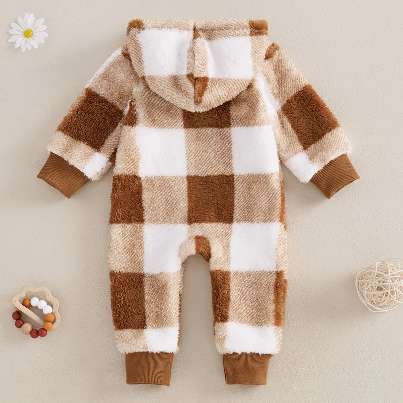 0 to 18 Months Baby Checkered Hooded Romper Autumn Winter Clothes Plush Fleece Zip-up Long Sleeve Jumpsuit Baby Clothing