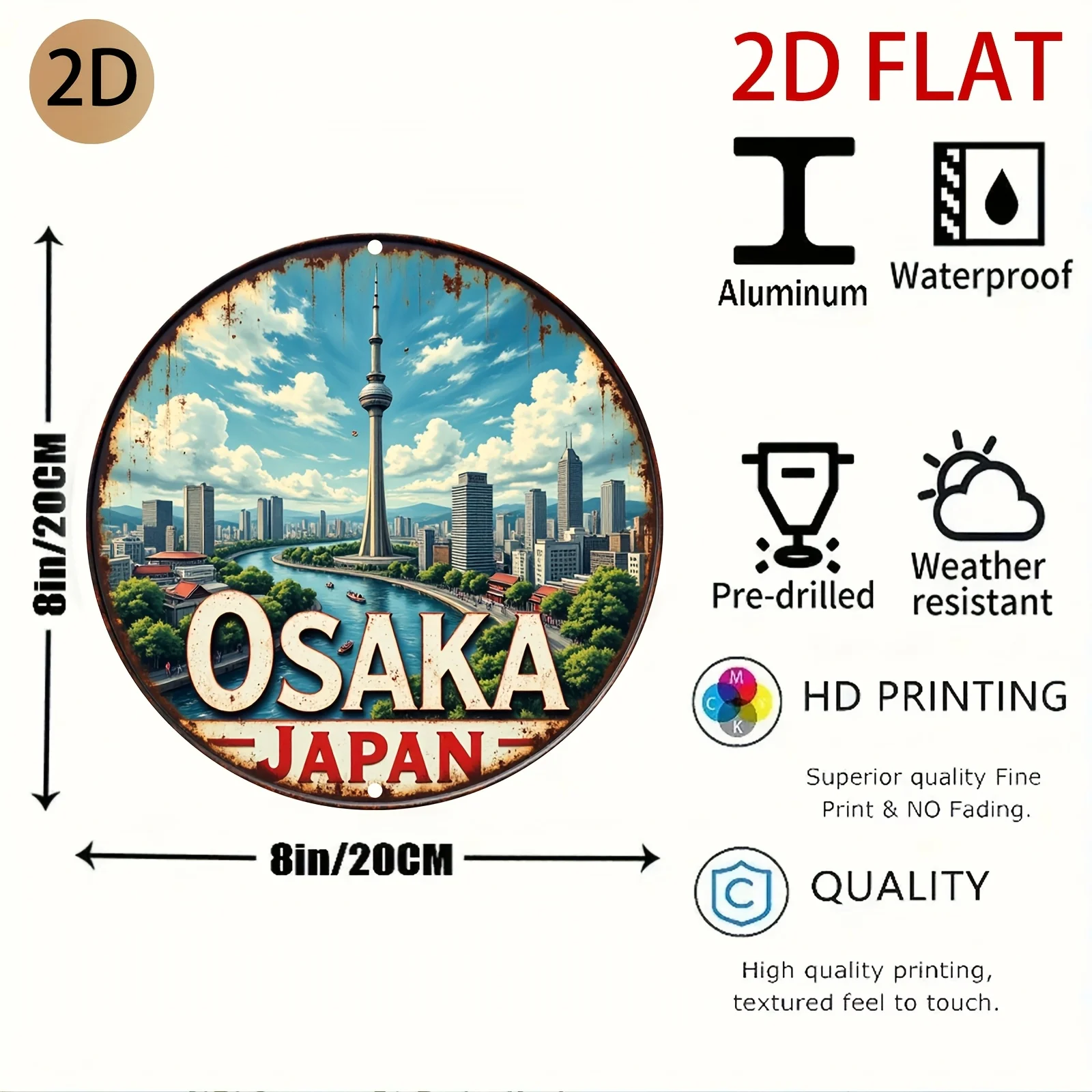 Osaka Japan Cityscape Retro Tin Metal Wall Art - Circular Vintage Metal Sign with Vibrant Colors, Frameless Indoor Decor for Hom