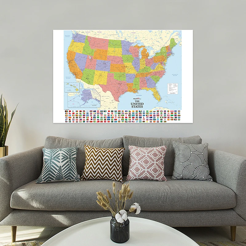 

Non-woven Fabric Vintage America Map with Country Flag 100x70cm Art Poster School Travel Study Supplies Living Room Decor