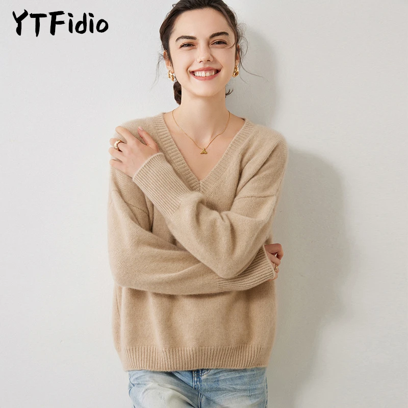 YTFidio 100% Cashmere Women V-Neck Thickened Loose Fitting Warm Soft Solid Knitted Pullover Winter Casual Tops Sweater 12