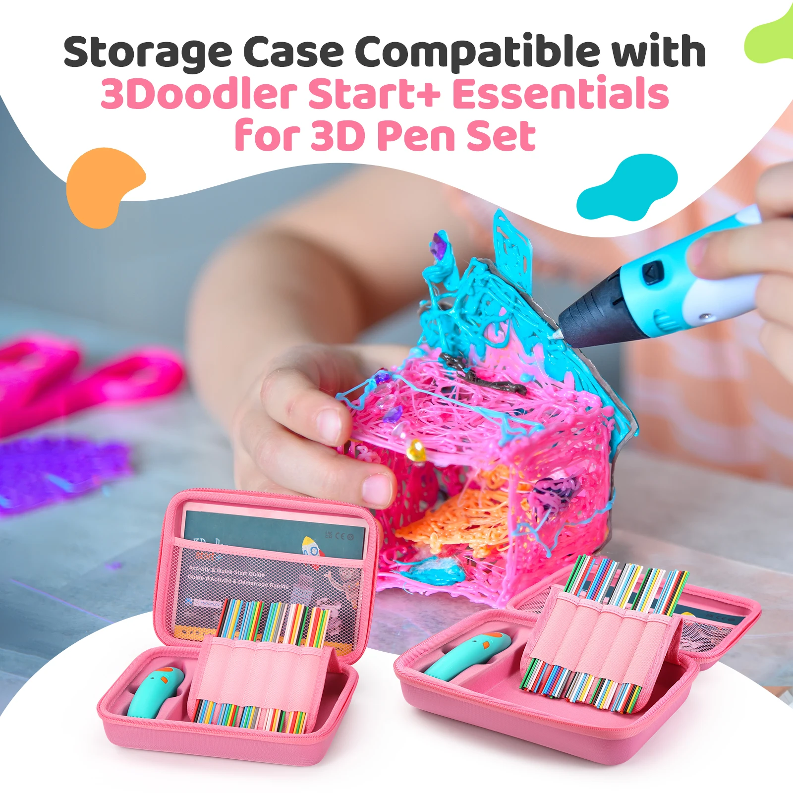 3D Pen for Kids Case for 3Doodler Start+ Essentials Portable Hard EVA Storage Case with Custom-fit Base Mesh Pocket