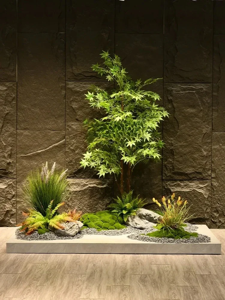 New Chinese simulation green plants maple rockery stone landscaping entrance aisle window decoration staircase landscape